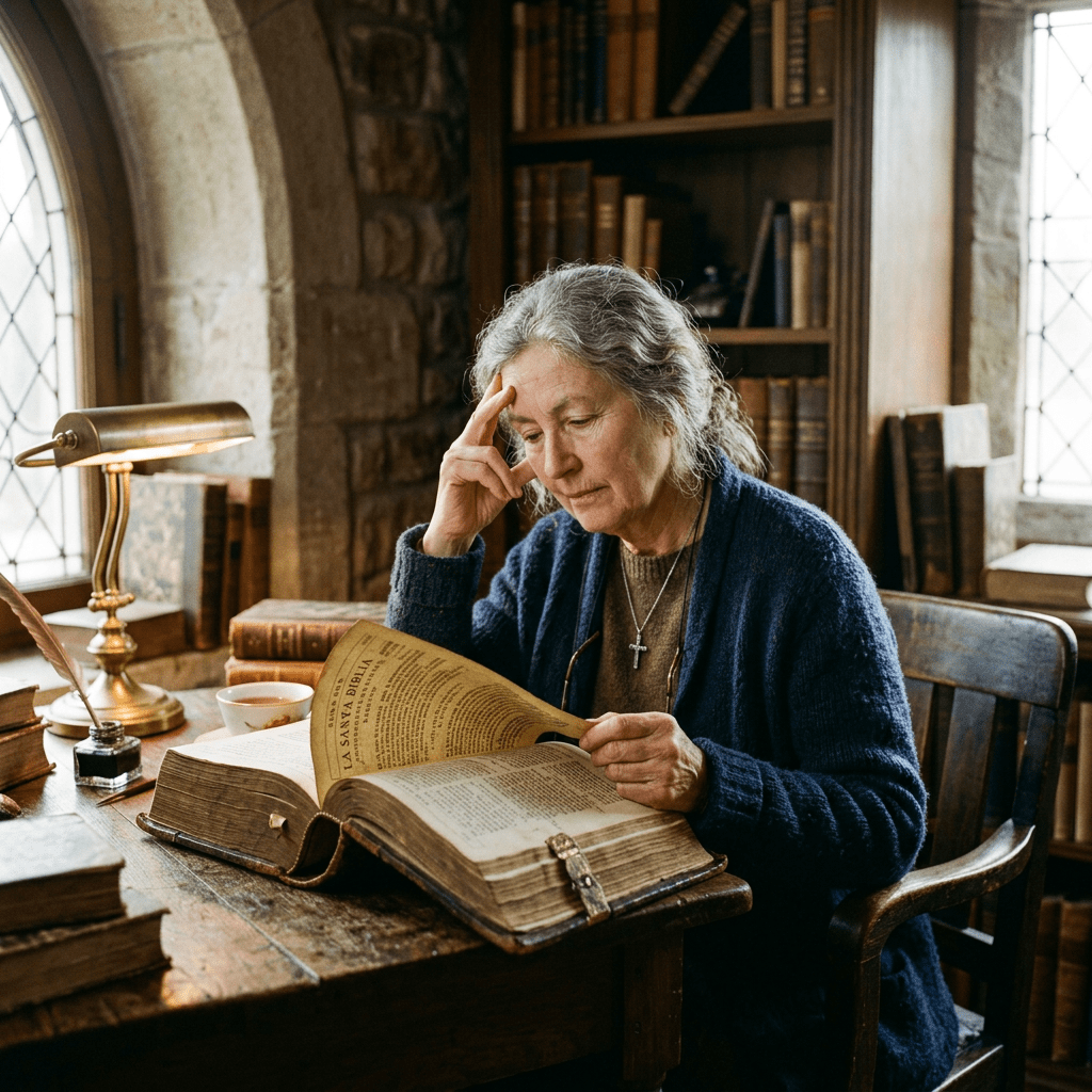 Elderly woman reading a large ancient book in a library with stone walls