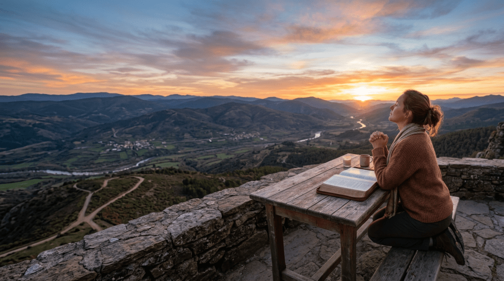Woman sitting peacefully at a wooden table outdoors with an open book, watching the sunset over mountains and river.